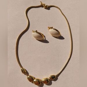 Trifari Gold Cream Earrings & Necklace Set